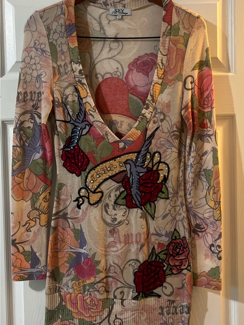 SPY Beige Multi Tattoo-Print V-Neck Hoodie Sweater with rhinestones